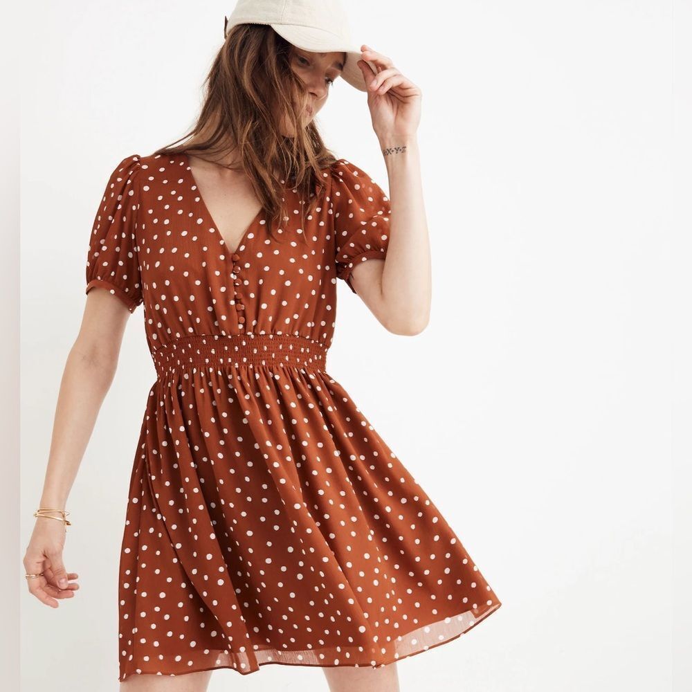 MADEWELL Smocked-Waist Mini Dress in Inkspot Dots‎ Rust Brown Size Small